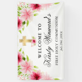 水彩ピンクの花の最初の聖餐式 横断幕 (縦)