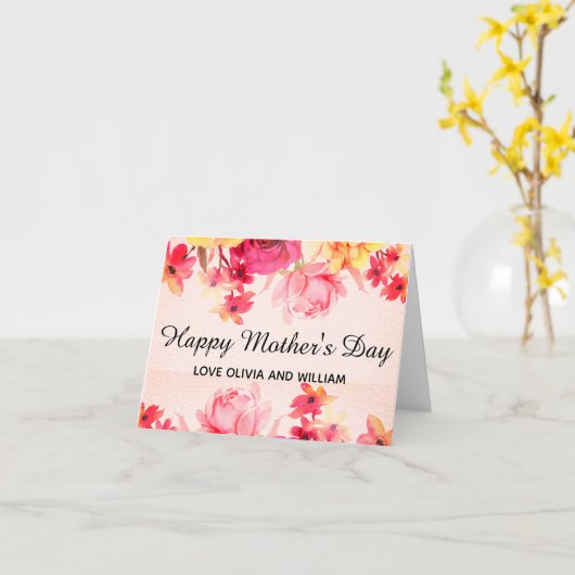 水彩ピンクの花の母の日 カード (黄色い花)