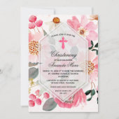 水彩ピンクの花の洗礼 招待状 (正面)