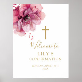 水彩ピンクの花の確認ウェルカムサイン ポスター