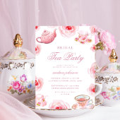 水彩ピンクの花の結婚前お茶会 ブライズシャワー 招待状