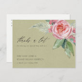 水彩ピンクの花の緑の葉ありがとうございます ポストカード (正面/裏面)