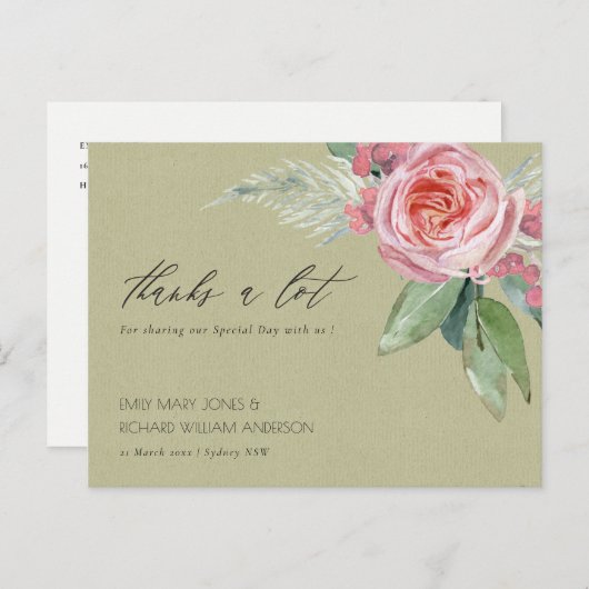 水彩ピンクの花の緑の葉ありがとうございます ポストカード (正面/裏面)