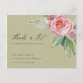 水彩ピンクの花の緑の葉ありがとうございます ポストカード (正面)