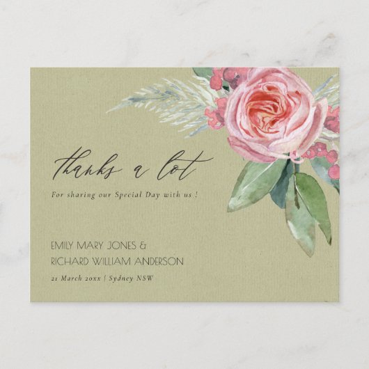 水彩ピンクの花の緑の葉ありがとうございます ポストカード (正面)
