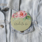 水彩ピンクの花の緑の葉の花嫁 缶バッジ (インサイチュ)