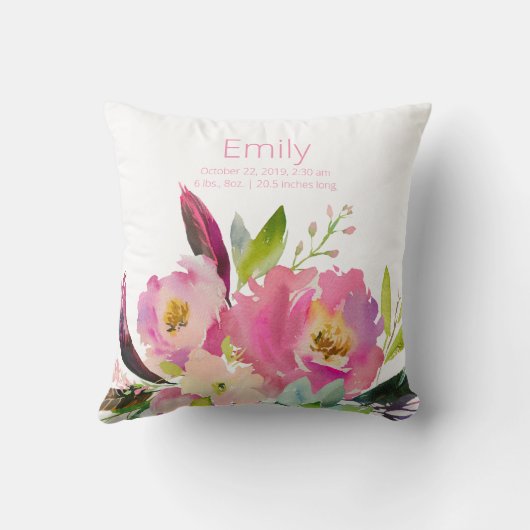 水彩ピンクの花の赤ちゃん女の子の統計保育園 クッション (裏面)