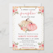 水彩ピンクの花の飾り付けたパンプキン 秋のベイビーシャワー 招待状 (正面)