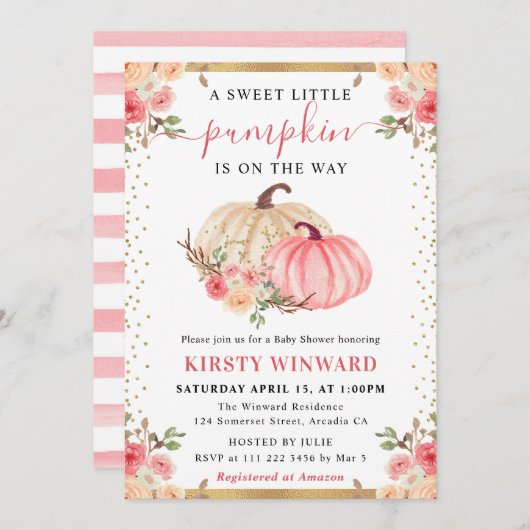 水彩ピンクの花の飾り付けたパンプキン 秋のベイビーシャワー 招待状 (正面/裏面)