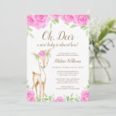 水彩ピンクの花の鹿の女の子ベビーシャワー 招待状 (スタンド正面)