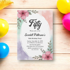 水彩ピンクの花ぼほ夏50誕生日 招待状
