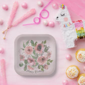 水彩ピンクの花をピンクに ペーパープレート (パーティー)