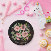 水彩ピンクの花を黒に ペーパープレート (パーティー)