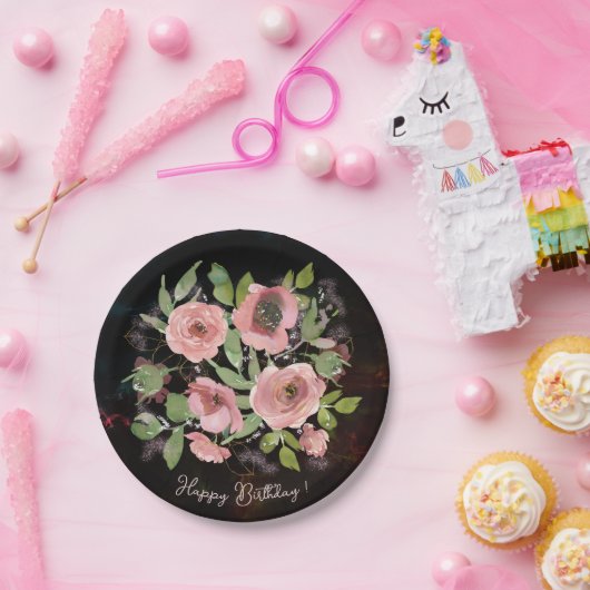 水彩ピンクの花を黒に ペーパープレート (パーティー)