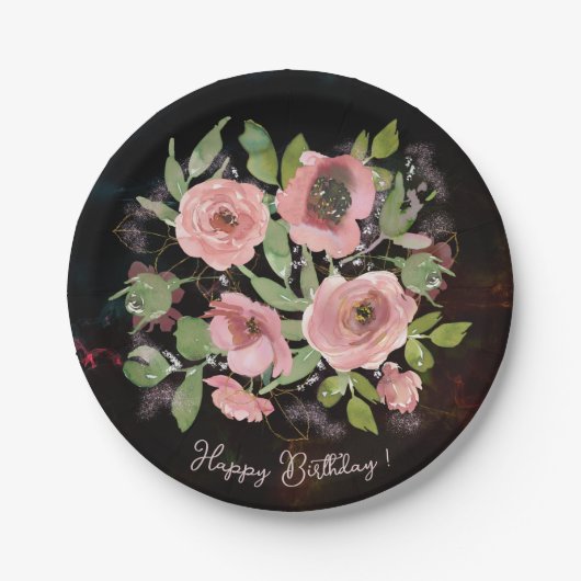 水彩ピンクの花を黒に ペーパープレート (正面)