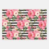水彩ピンクの花オン白黒ストライプWra ラッピングペーパーシート (正面3)