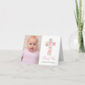 水彩ピンクの花クロスバプテスマ写真 サンキューカード (正面)