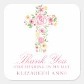 水彩ピンクの花クロスファースト聖餐式 スクエアシール (正面)