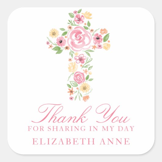 水彩ピンクの花クロスファースト聖餐式 スクエアシール (正面)