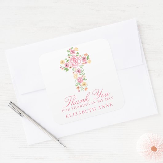 水彩ピンクの花クロスファースト聖餐式 スクエアシール (封筒)