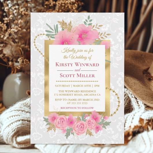 水彩ピンクの花ゴールドフォイルグリッター結婚ズ 招待状