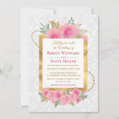水彩ピンクの花ゴールドフォイルグリッター結婚ズ 招待状 (正面)