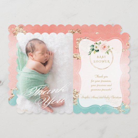 水彩ピンクの花ゴールドフォイル赤ちゃんシャワー サンキューカード (正面/裏面)