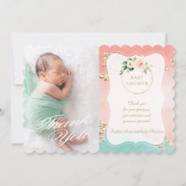 水彩ピンクの花ゴールドフォイル赤ちゃんシャワー サンキューカード