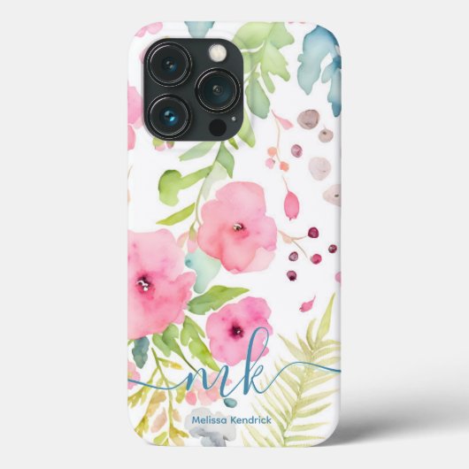 水彩ピンクの花シダ草原モノグラム名 Case-Mate iPhoneケース (裏面)