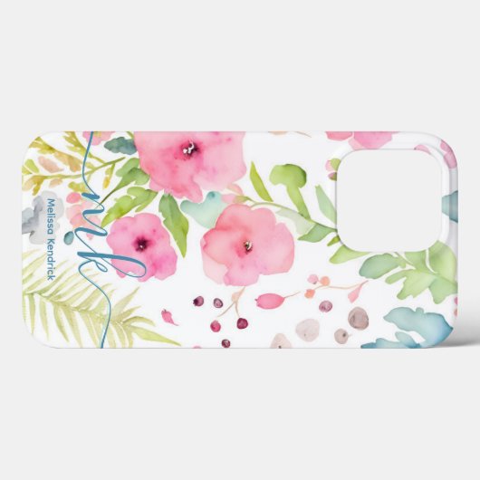 水彩ピンクの花シダ草原モノグラム名 Case-Mate iPhoneケース (裏面 (横))