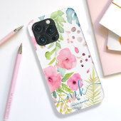 水彩ピンクの花シダ草原モノグラム名 Case-Mate iPhoneケース