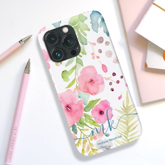 水彩ピンクの花シダ草原モノグラム名 Case-Mate iPhoneケース