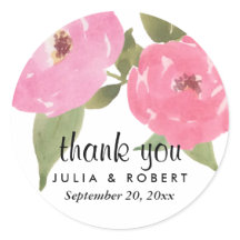 水彩ピンクの花シック結婚お礼