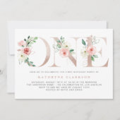 水彩ピンクの花バラ金ゴールド第1誕生日 招待状 (正面)