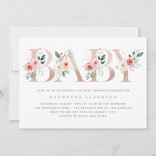 水彩ピンクの花バラ金ゴールド赤ちゃんシャワー 招待状 (正面)