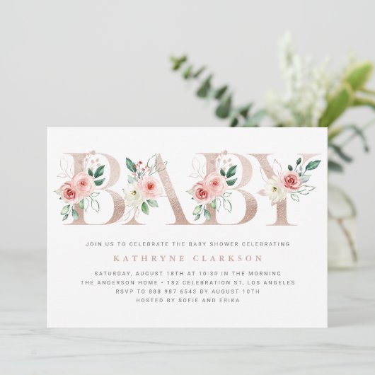 水彩ピンクの花バラ金ゴールド赤ちゃんシャワー 招待状 (スタンド正面)