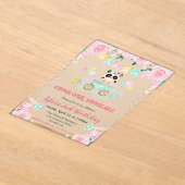 水彩ピンクの花パンダ子供誕生日 アクリル招待状 (レイダウン)
