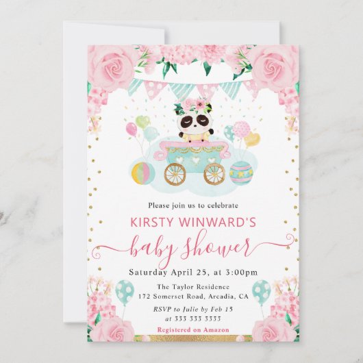 水彩ピンクの花パンダ赤ちゃんシャワー 招待状 (正面)