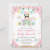 水彩ピンクの花パンダ赤ちゃんシャワー 招待状 (正面)