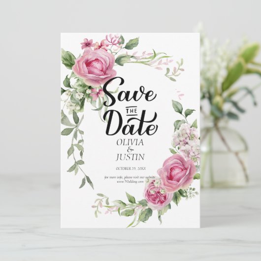 水彩ピンクの花フレーム結婚式 セーブザデート (スタンド正面)
