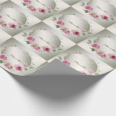 水彩ピンクの花フレーム シャイニーブロンズ エレガント ラッピングペーパー (角)