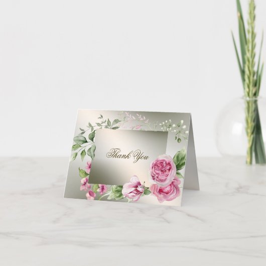水彩ピンクの花フレーム シャイニーブロンズ パーティー サンキューカード (正面)