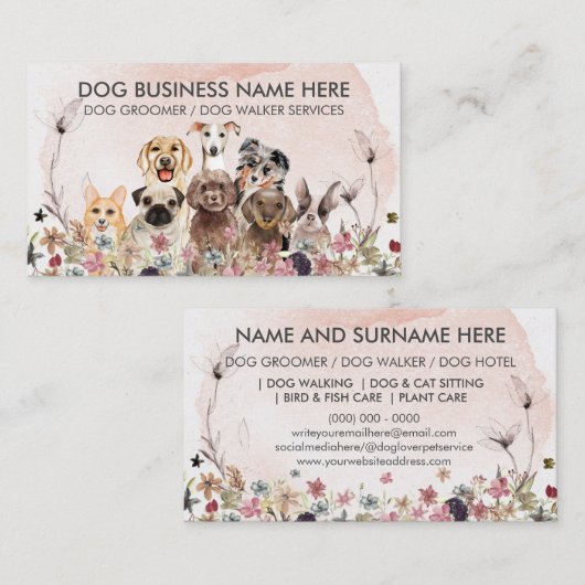 水彩ピンクの花ペットシッターのウォーカー犬 名刺 (正面/裏面)