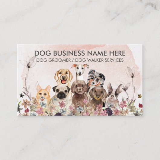水彩ピンクの花ペットシッターのウォーカー犬 名刺 (正面)