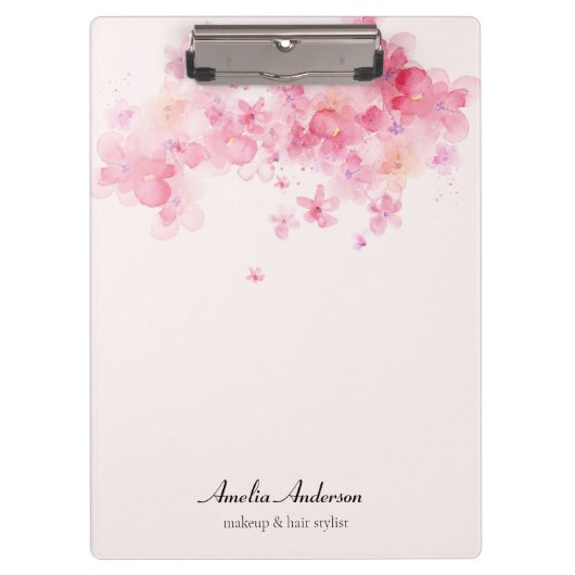 水彩ピンクの花メイクアップアーティスト美容師 クリップボード (正面)