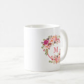 水彩ピンクの花モノグラム コーヒーマグカップ (正面右)