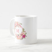 水彩ピンクの花モノグラム コーヒーマグカップ (正面左)