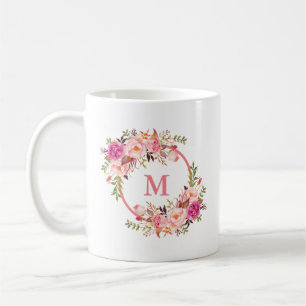 水彩ピンクの花モノグラム コーヒーマグカップ
