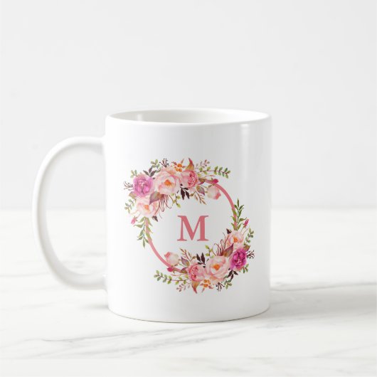水彩ピンクの花モノグラム コーヒーマグカップ (左)