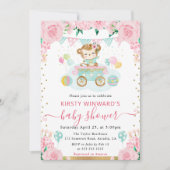 水彩ピンクの花モンキーベビーシャワー 招待状 (正面)
